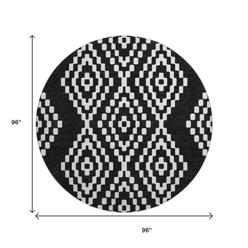 8' Black And Ivory Geometric Washable Round Rug With UV Protection