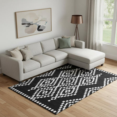 8' X 10' Black And Ivory Geometric Washable Area Rug With UV Protection