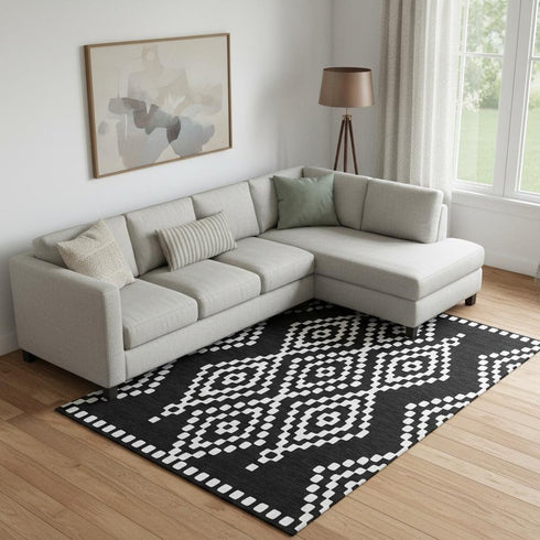 9' X 12' Black And Ivory Geometric Washable Area Rug With UV Protection