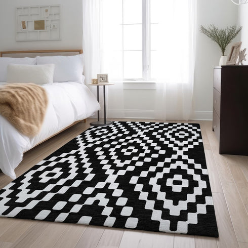 9' X 12' Black And Ivory Geometric Washable Area Rug With UV Protection