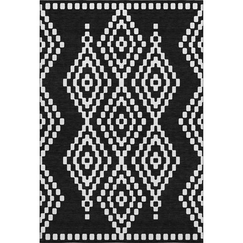 9' X 12' Black And Ivory Geometric Washable Area Rug With UV Protection