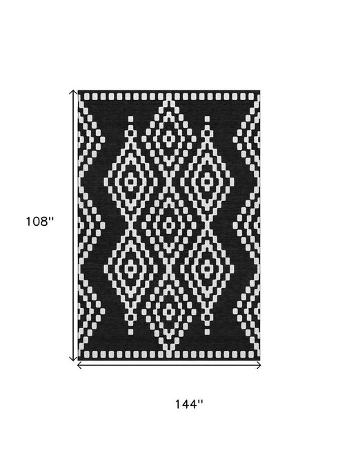 9' X 12' Black And Ivory Geometric Washable Area Rug With UV Protection