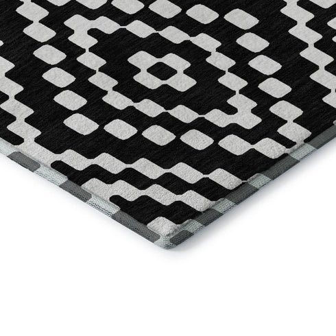 9' X 12' Black And Ivory Geometric Washable Area Rug With UV Protection