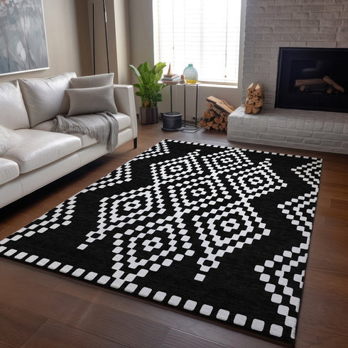9' X 12' Black And Ivory Geometric Washable Area Rug With UV Protection