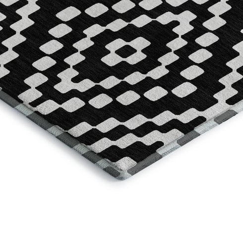 9' X 12' Black And Ivory Geometric Washable Area Rug With UV Protection