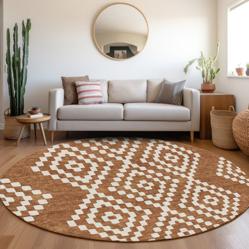 8' Terra Cotta And Ivory Geometric Washable Round Rug With UV Protection