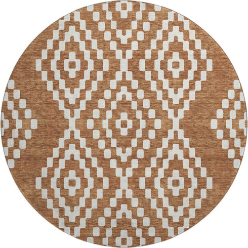 8' Terra Cotta And Ivory Geometric Washable Round Rug With UV Protection