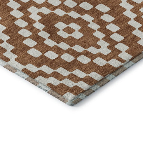 8' Terra Cotta And Ivory Geometric Washable Round Rug With UV Protection