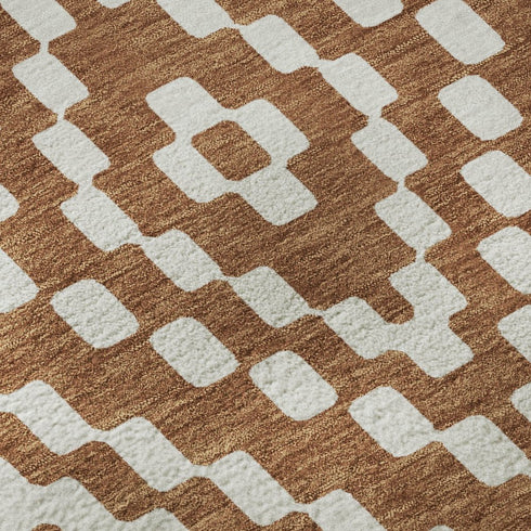 8' Terra Cotta And Ivory Geometric Washable Round Rug With UV Protection