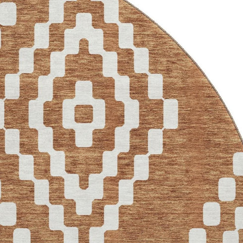 8' Terra Cotta And Ivory Geometric Washable Round Rug With UV Protection