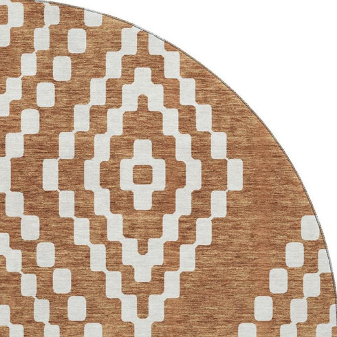 8' Terra Cotta And Ivory Geometric Washable Round Rug With UV Protection