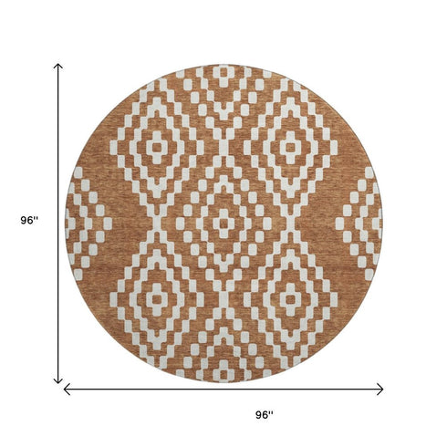 8' Terra Cotta And Ivory Geometric Washable Round Rug With UV Protection