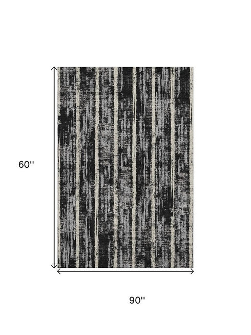 5' X 8' Black Beige And Gray Striped Washable Area Rug With UV Protection