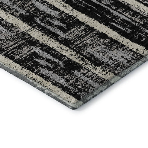 5' X 8' Black Beige And Gray Striped Washable Area Rug With UV Protection