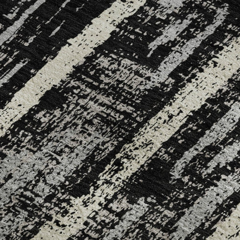5' X 8' Black Beige And Gray Striped Washable Area Rug With UV Protection
