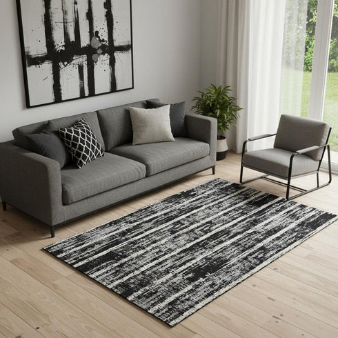 5' X 8' Black Beige And Gray Striped Washable Area Rug With UV Protection