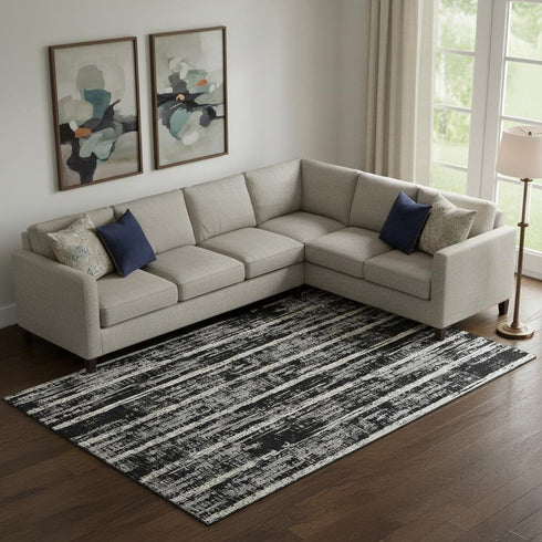 8' X 10' Black Beige And Gray Striped Washable Area Rug With UV Protection