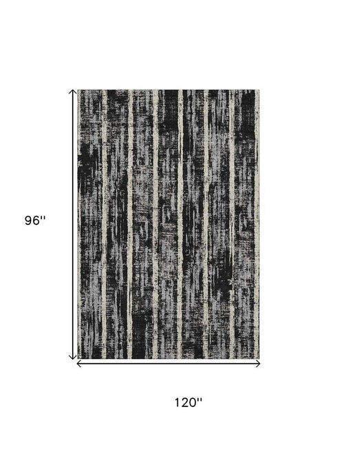 8' X 10' Black Beige And Gray Striped Washable Area Rug With UV Protection