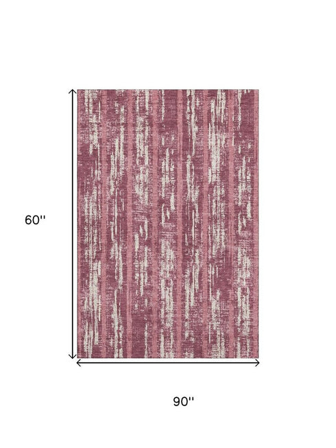 5' X 8' Blush And Ivory Striped Washable Area Rug With UV Protection