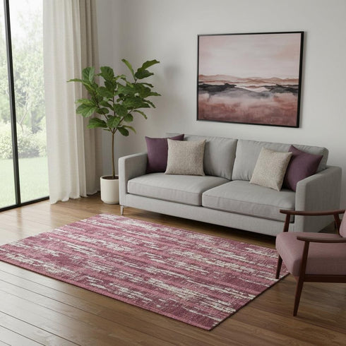 5' X 8' Blush And Ivory Striped Washable Area Rug With UV Protection