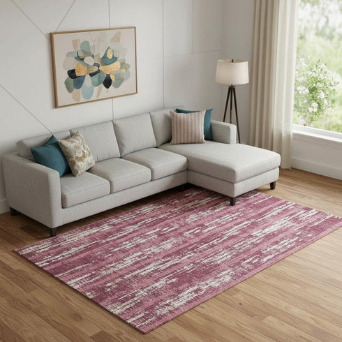8' X 10' Blush And Ivory Striped Washable Area Rug With UV Protection