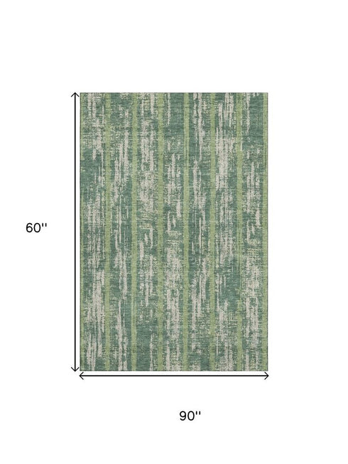 5' X 8' Green And Beige Striped Washable Area Rug With UV Protection