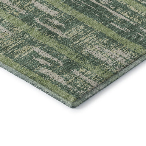 5' X 8' Green And Beige Striped Washable Area Rug With UV Protection