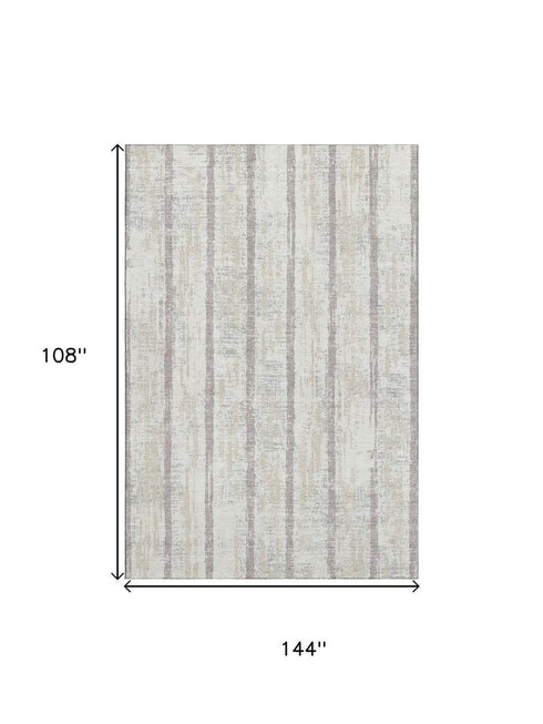 9' X 12' Ivory And Beige Striped Washable Area Rug With UV Protection