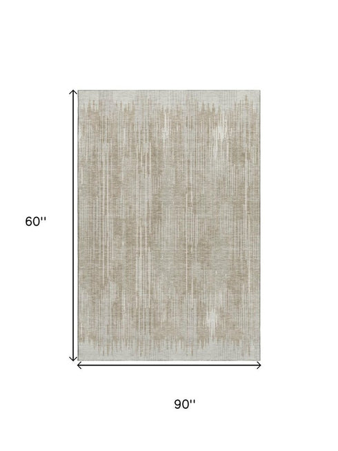 5' X 8' Beige And Taupe Striped Washable Area Rug With UV Protection