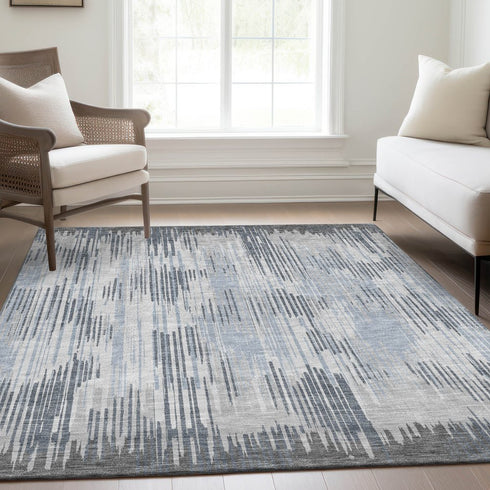 8' X 10' Gray And Silver Striped Washable Area Rug With UV Protection