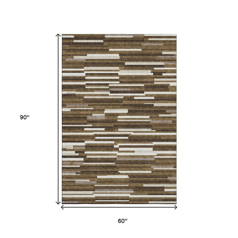 5' X 8' Brown And Ivory Striped Washable Area Rug With UV Protection