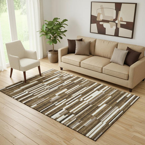 5' X 8' Brown And Ivory Striped Washable Area Rug With UV Protection