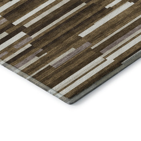 5' X 8' Brown And Ivory Striped Washable Area Rug With UV Protection