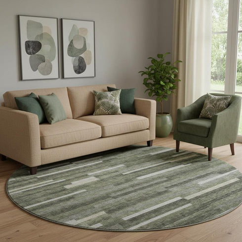 8' Olive Green Ivory And Gray Striped Washable Round Rug With UV Protection