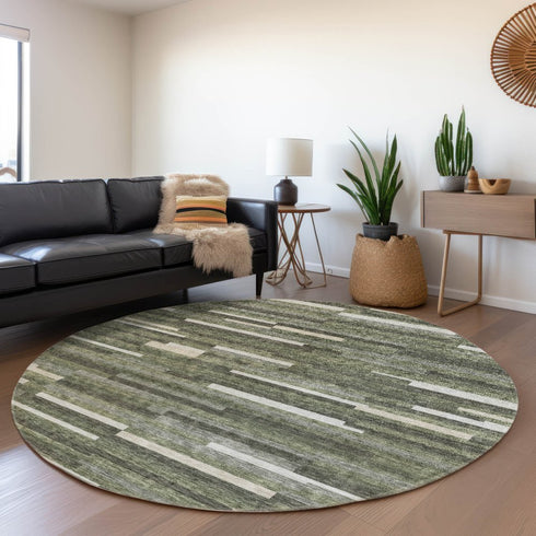 8' Olive Green Ivory And Gray Striped Washable Round Rug With UV Protection