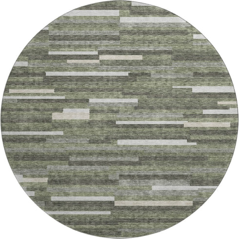 8' Olive Green Ivory And Gray Striped Washable Round Rug With UV Protection