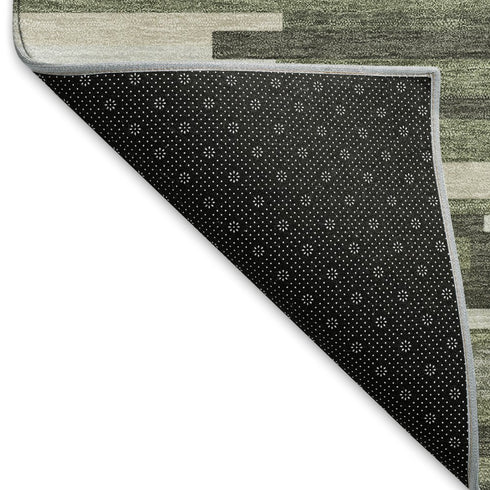 8' Olive Green Ivory And Gray Striped Washable Round Rug With UV Protection