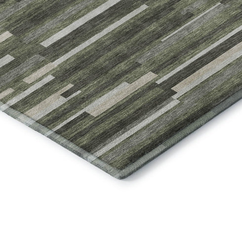 8' Olive Green Ivory And Gray Striped Washable Round Rug With UV Protection
