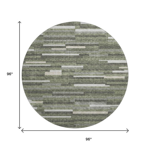 8' Olive Green Ivory And Gray Striped Washable Round Rug With UV Protection