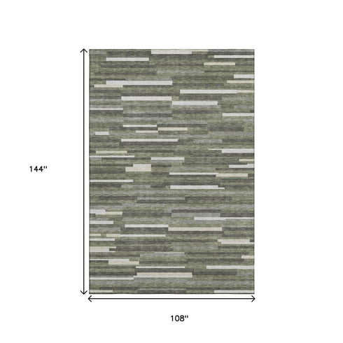 9' X 12' Olive Green Ivory And Gray Striped Washable Area Rug With UV Protection