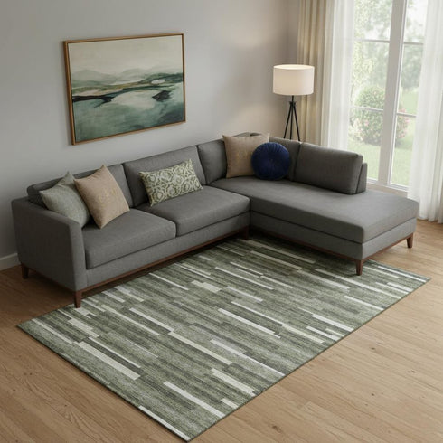 9' X 12' Olive Green Ivory And Gray Striped Washable Area Rug With UV Protection