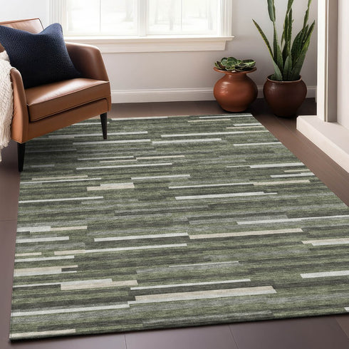 9' X 12' Olive Green Ivory And Gray Striped Washable Area Rug With UV Protection