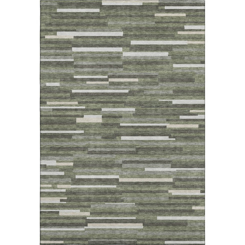 9' X 12' Olive Green Ivory And Gray Striped Washable Area Rug With UV Protection