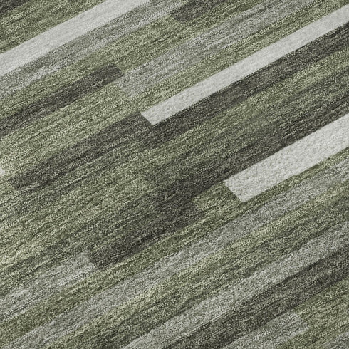 9' X 12' Olive Green Ivory And Gray Striped Washable Area Rug With UV Protection
