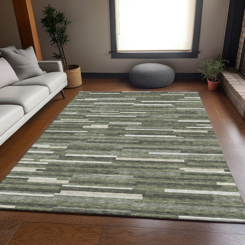 9' X 12' Olive Green Ivory And Gray Striped Washable Area Rug With UV Protection