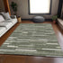 9' X 12' Olive Green Ivory And Gray Striped Washable Area Rug With UV Protection