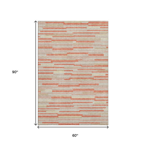 5' X 8' Salmon And Beige Striped Washable Area Rug With UV Protection