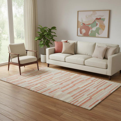 5' X 8' Salmon And Beige Striped Washable Area Rug With UV Protection