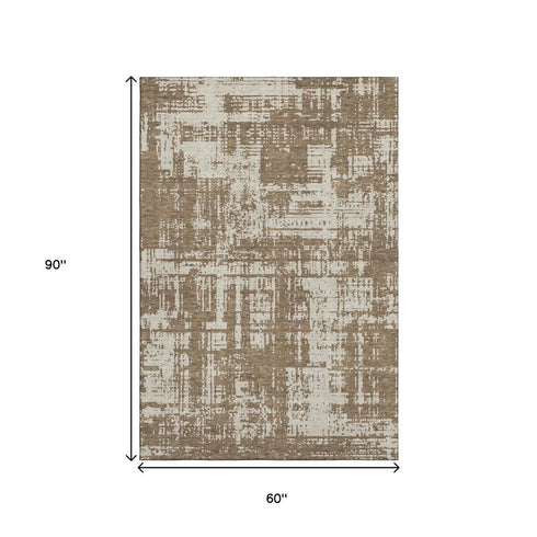 5' X 8' Brown And Beige Abstract Washable Area Rug With UV Protection