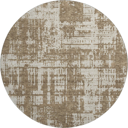 8' Brown And Beige Abstract Washable Round Rug With UV Protection